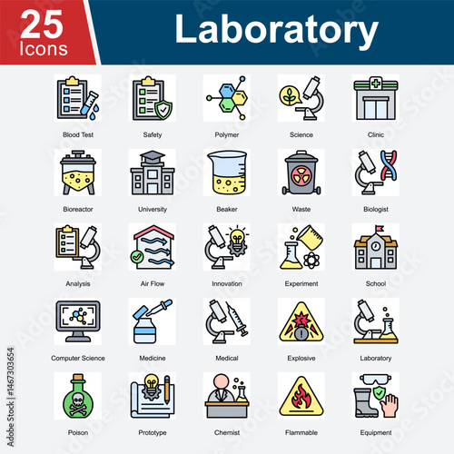 Laboratory is a collection of icons representing scientific research, lab safety, chemical experimentation, medical analysis, and innovative testing environments used in educational, clinical.
