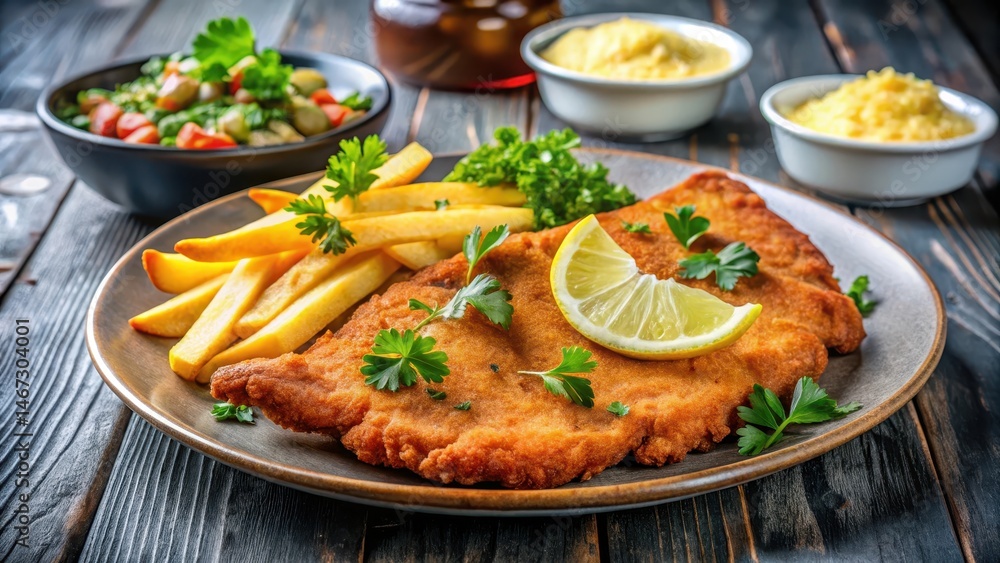 Wiener Schnitzel with lemon slices served on a plate alongside crispy French fries, garnished with fresh parsley and a side of tangy dipping sauce , european comfort food, food Wiener Schnitzel with lemon slices served on a plate alongside crispy French fries, garnished with fresh parsley and a side of tangy dipping sauce , european comfort food, food