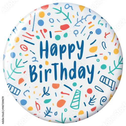 isolated transparent Background. Happy birthday badge pin with colorful confetti and festive design, perfect for celebration and party events