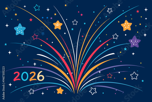 Create a vibrant, abstract vector illustration celebrating 2026, featuring bold, explosive shapes and energetic color palettes.  Focus on a futuristic and celebratory feel.