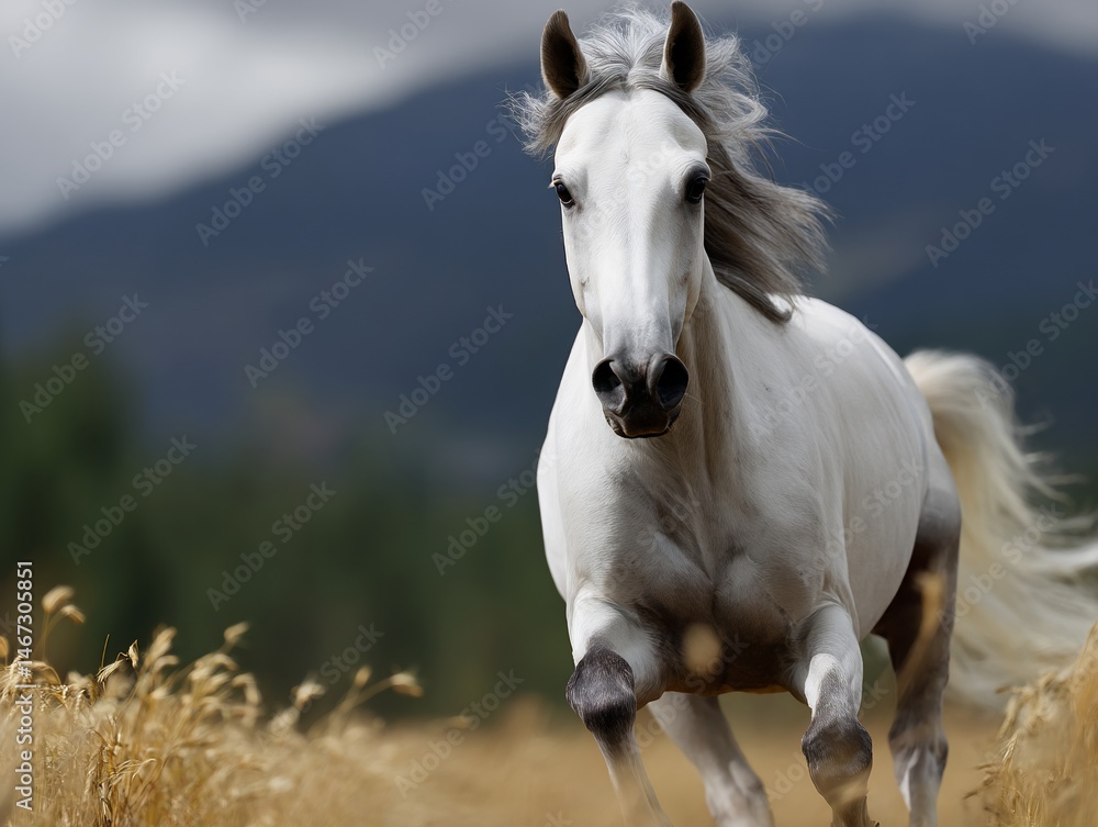 Obraz premium Majestic white horse galloping in a golden field