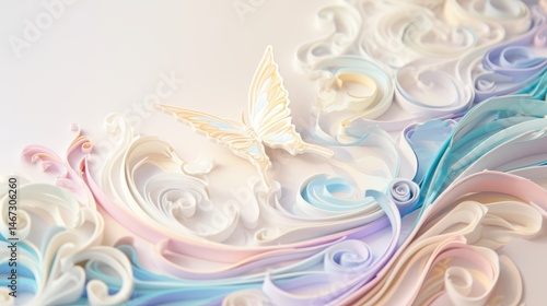3D quilling paper art butterfly sculpture with intricate swirls, delicate pastel decor in soft pink and beige tones.