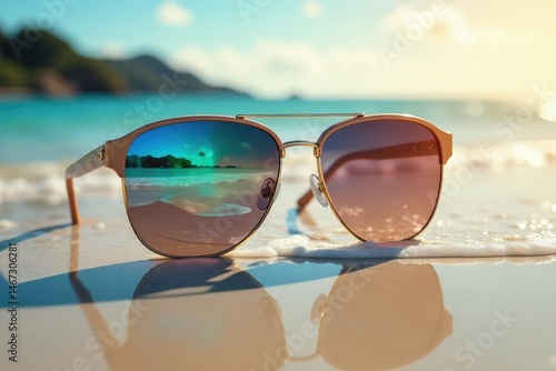 Wallpaper Mural Stylish sunglasses reflected on a beach, summer vibes , sea, style Torontodigital.ca