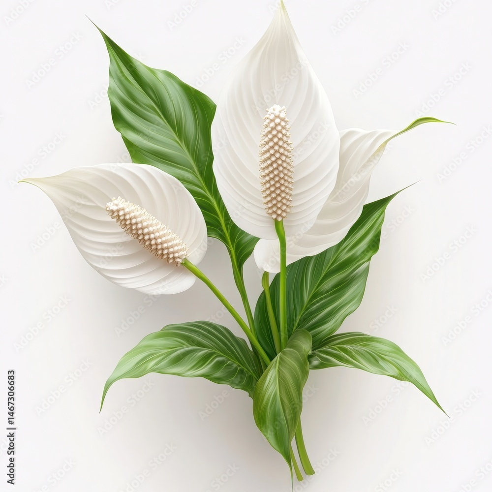 Obraz premium Peace lily blossoms with foliage on white background