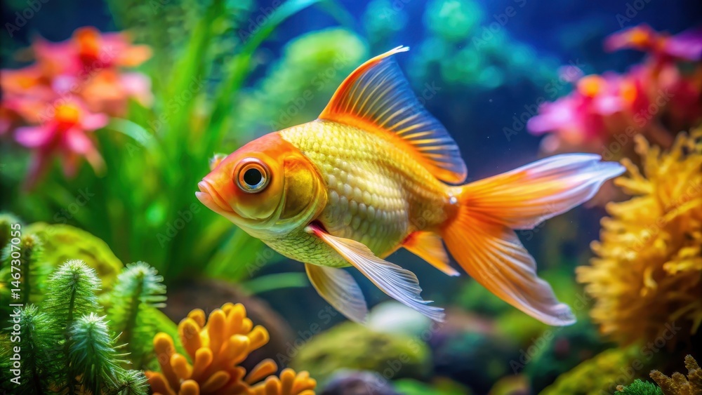A golden fish with big round eyes floating near the water's surface in a well-maintained aquarium tank, surrounded by lush green plants and colorful coral , aquarium, fish A golden fish with big round eyes floating near the water's surface in a well-maintained aquarium tank, surrounded by lush green plants and colorful coral , aquarium, fish