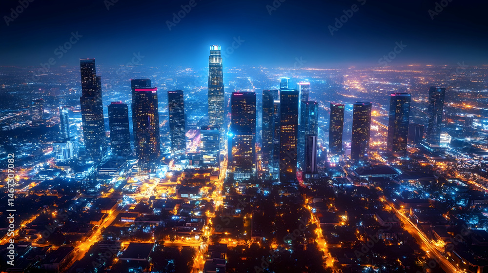 Obraz premium Spectacular Aerial View of Illuminated Metropolis at Night Under a Dim Sky