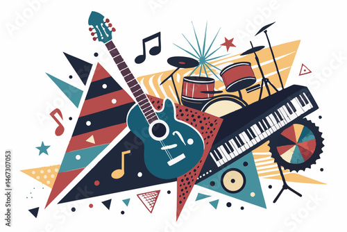 Create a bold, abstract vector graphic featuring fragmented musical elements, incorporating vibrant colors and sharp lines, suggesting movement and energy.
