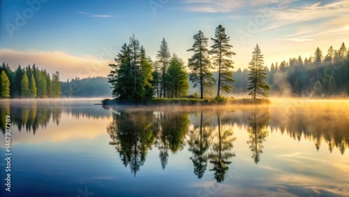 serene lake waters reflected in tranquil forest landscape with silhouetted trees and misty atmosphere, misty morning, tree silhouette
