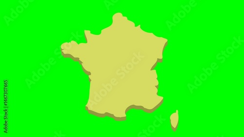 Animation of appearance and disappearance of the yellow map of France on a green background with alpha channel (flat design)