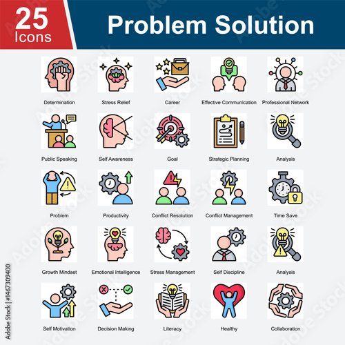 Problem Solution represents strategies and tools for overcoming challenges in the workplace, enhancing communication, managing stress, and fostering a growth mindset to improve personal and profession