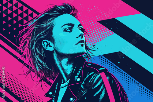 Design a vibrant, bold glitch-style promotional background featuring vivid magenta accents.  The design should be visually striking and impactful.