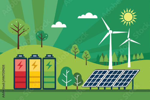 Design a bold, vibrant green energy background featuring a stylized battery icon, incorporating technological elements for a powerful, eco-friendly feel.