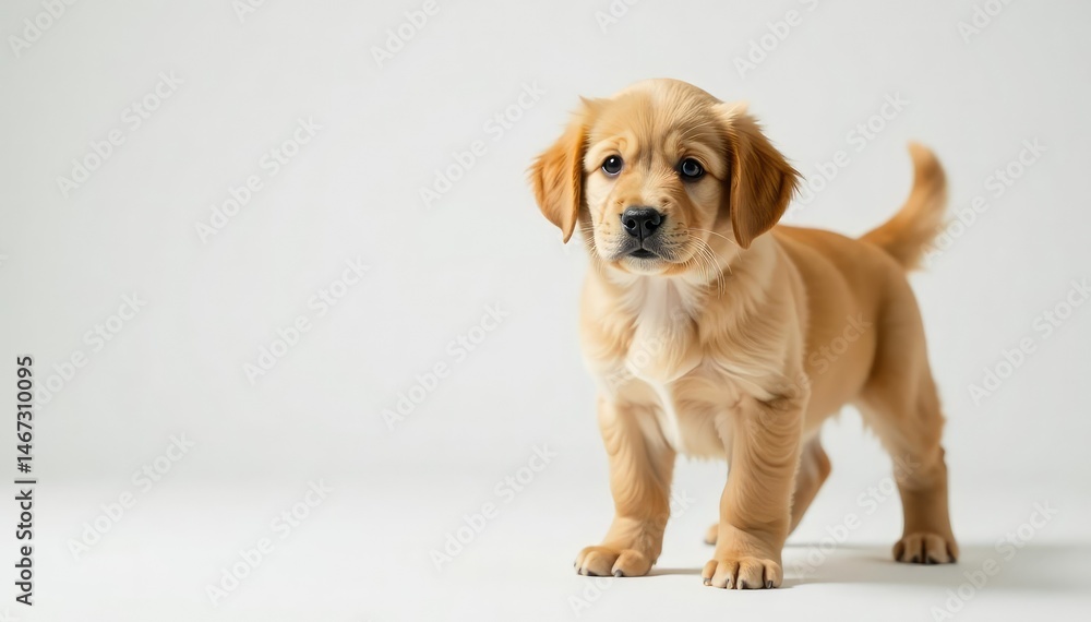 Golden Retriever puppy stands on white, looking at camera, backdrop, playful, domestic Golden Retriever puppy stands on white, looking at camera, backdrop, playful, domestic