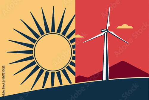 Create a bold, minimalist vector illustration featuring a symbolic sun and wind turbine, emphasizing clean energy.