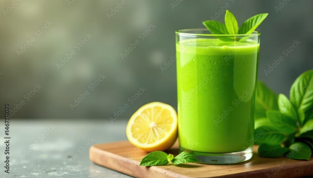 Fototapeta premium Freshly blended smoothie in a glass, vibrant green color, healthy ingredients , morning, vegetable