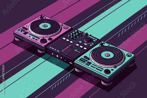 Create a bold vector illustration of a DJ setup with turntables and mixing console, emphasizing dynamic lines and vibrant colors for a modern, energetic feel.