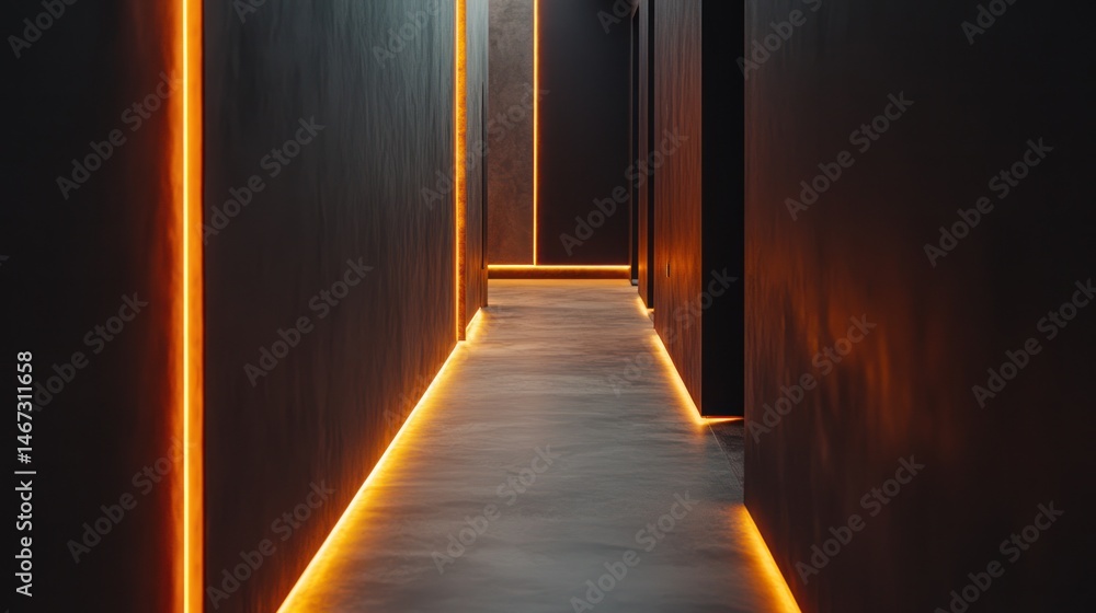 Modern dark hallway with orange accent lighting. Interior design. Possible use Stock photo for architecture, interior design, or commercial use Modern dark hallway with orange accent lighting. Interior design. Possible use Stock photo for architecture, interior design, or commercial use