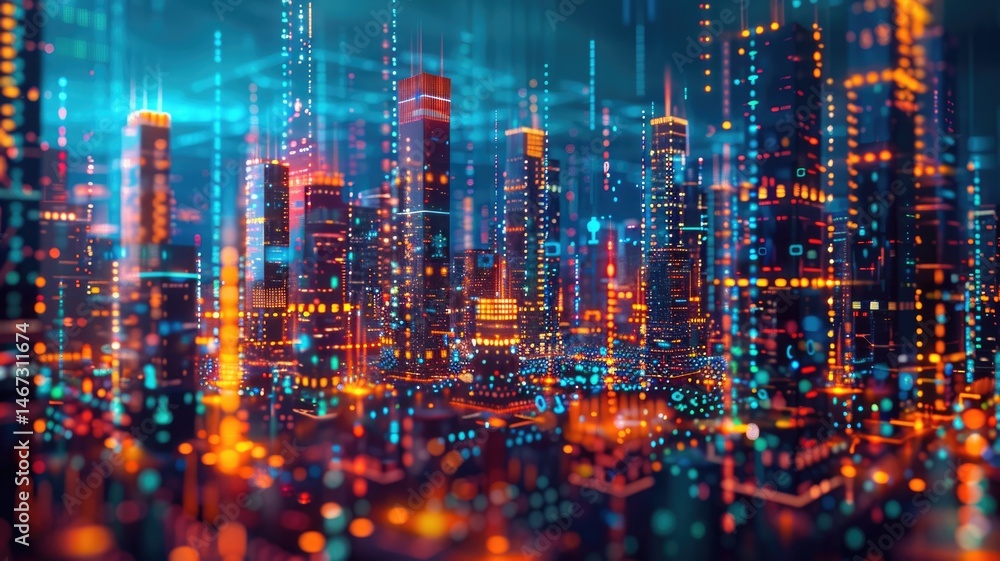 Abstract digital cityscape with glowing neon lights. Digital artwork of cityscape or skyscraper with glowing vibrant color. Futuristic and urban landscape technology innovation concept. Future. AIG53. Abstract digital cityscape with glowing neon lights. Digital artwork of cityscape or skyscraper with glowing vibrant color. Futuristic and urban landscape technology innovation concept. Future. AIG53.