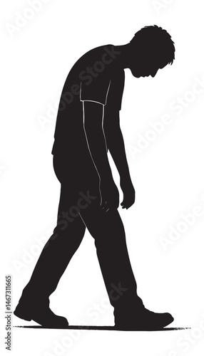 Silhouette of sad man walking with head down in depression and anxiety representation concept artwork
