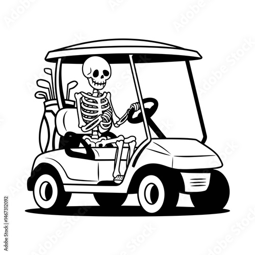 Funny Skeleton Driving Golf Cart Illustration