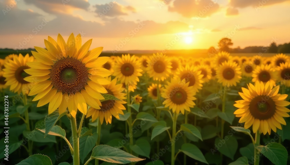 Fototapeta premium Field of sunflowers basking in golden sunlight, harvest, outdoor, field