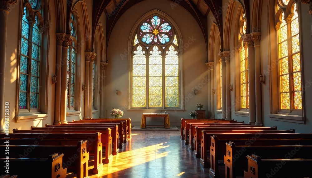 Fototapeta premium Tranquil church interior, sunlight streaming through stained glass windows , romanesque, quiet