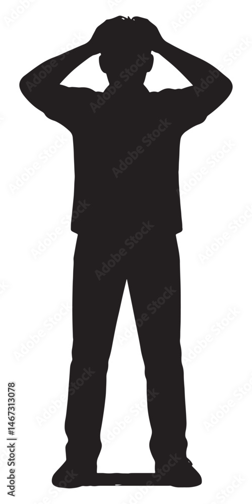 Fototapeta premium Silhouette of stressed man with hands on head representing anxiety and mental health challenges concept