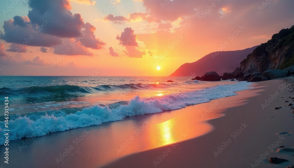 Serene beach scene at sunset, calm ocean waves gently lapping the shore , peaceful, calm, picturesque Serene beach scene at sunset, calm ocean waves gently lapping the shore , peaceful, calm, picturesque