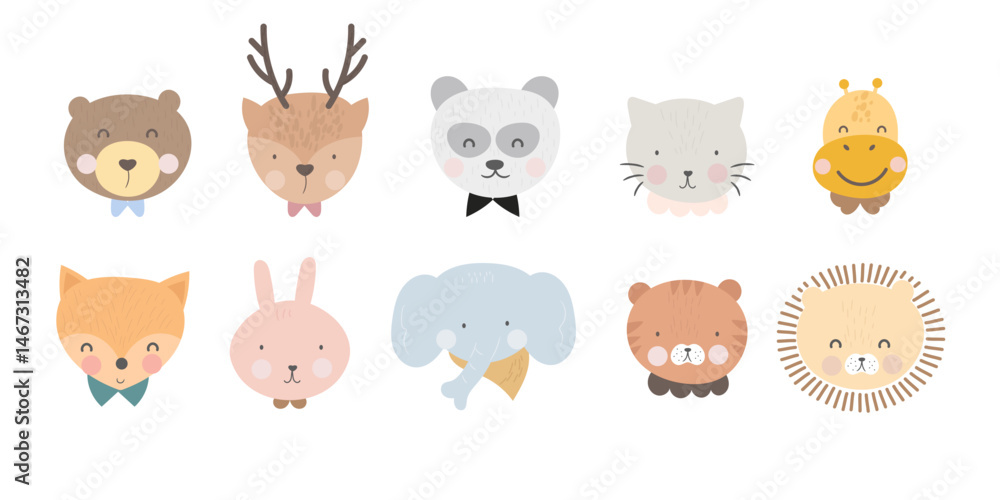 Fototapeta premium Cute wild woodland baby animal faces in pastel color vector illustration. Baby shower and nursery art animal set including a bear, tiger, lion, rabbit, giraffe, fox, deer, cat, elephant and panda