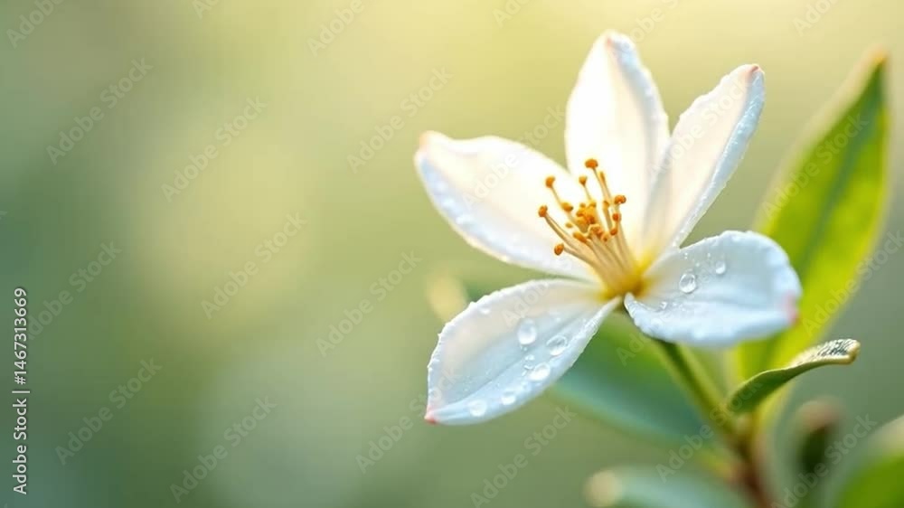 Delicate White Flower Bloom with Water Droplets on Petals and Soft Background Delicate White Flower Bloom with Water Droplets on Petals and Soft Background