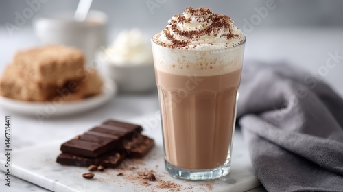 Tall glass showcases a layered creamy drink with whipped topping and cocoa dust. Marble surface provides a clean backdrop alongside dessert elements