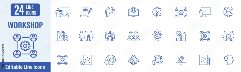 © Puspa - Workshop icon set. Contains icons as teamwork, training, team, meeting, coaching, managing and more. Vector illustration.