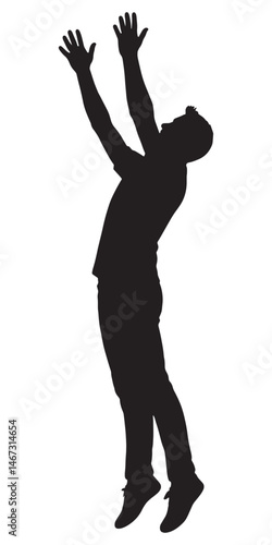 Silhouette of man jumping with hands up reaching for something in the air action pose isolated