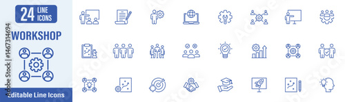 Workshop icon set. Contains icons as teamwork, training, team, meeting, coaching, managing and more. Vector illustration.