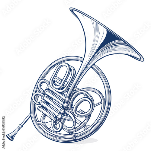 Create a bold, vector illustration of a French horn with contrasting color accents.  Include clean lines and a visually striking design.