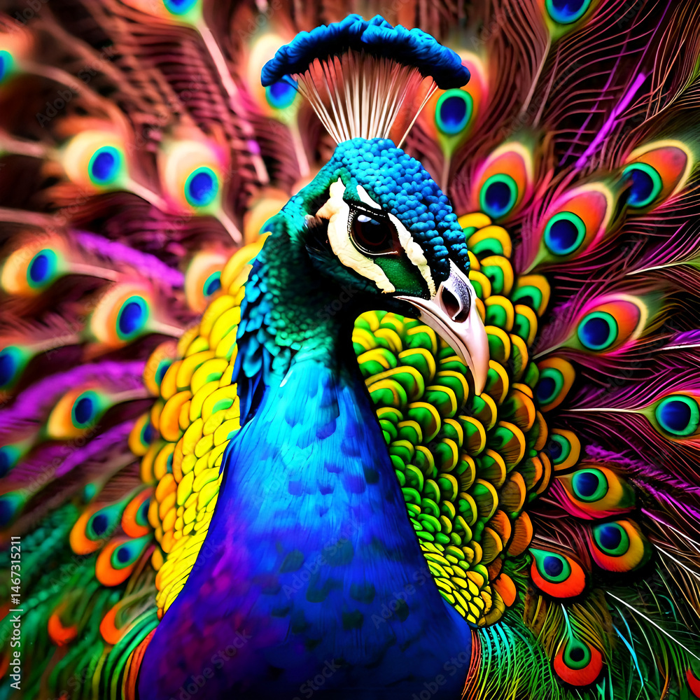 Fototapeta premium A vibrantly colored peacock displays its iridescent plumage in a close up view