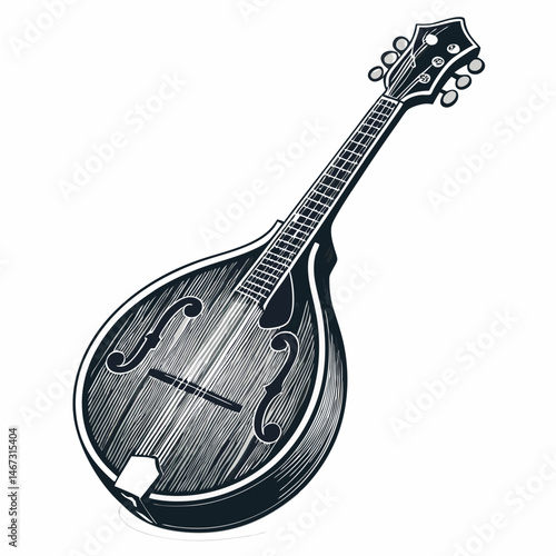 Create a bold, vector illustration of a mandolin with a single, realistic tear drop falling from it.  Focus on clean lines and strong contrasts.