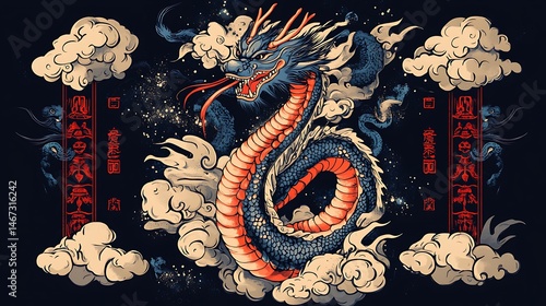 Asian dragon design, mythical creature, stylized art, fantasy illustration