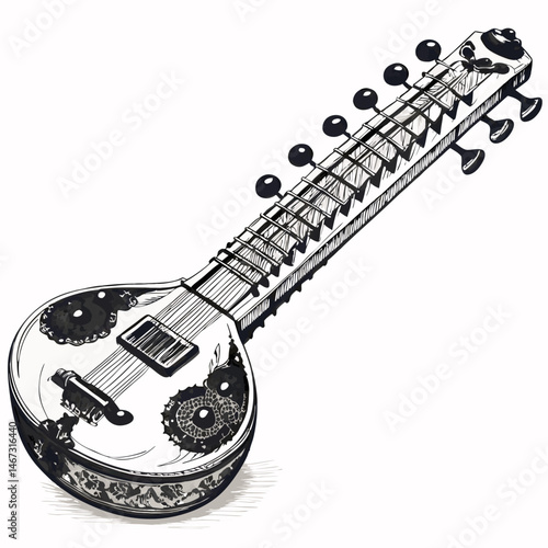 Create a bold, vector illustration of a sitar with meticulously detailed fretboard, strings, and body.  Include intricate carvings.
