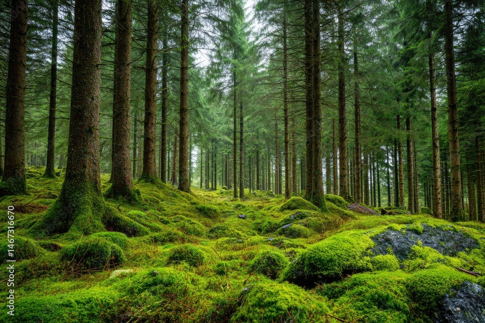 Obraz premium A Serene Green Forest of Tall Trees and Mossy Ground Covering the Earth.