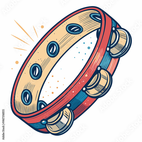 Create a bold, vector illustration of a tambourine featuring a Jin (spirit) intricately designed within its frame.  High detail, vibrant colors.