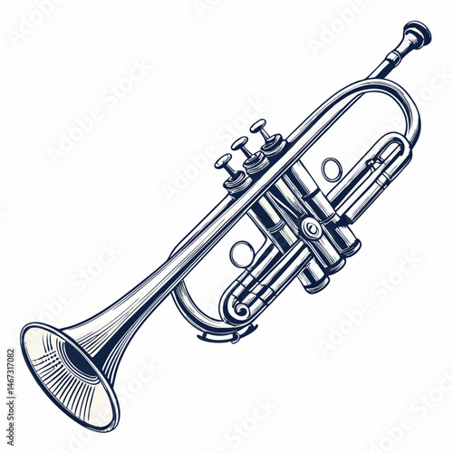 Create a vector illustration of a trumpet with a bold, black stroke.  Include detailed shading and realistic brass instrument features.