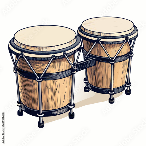 Create a bold vector illustration of a pair of connected bongos, emphasizing thick outlines and vibrant color.  High-resolution, detailed design.