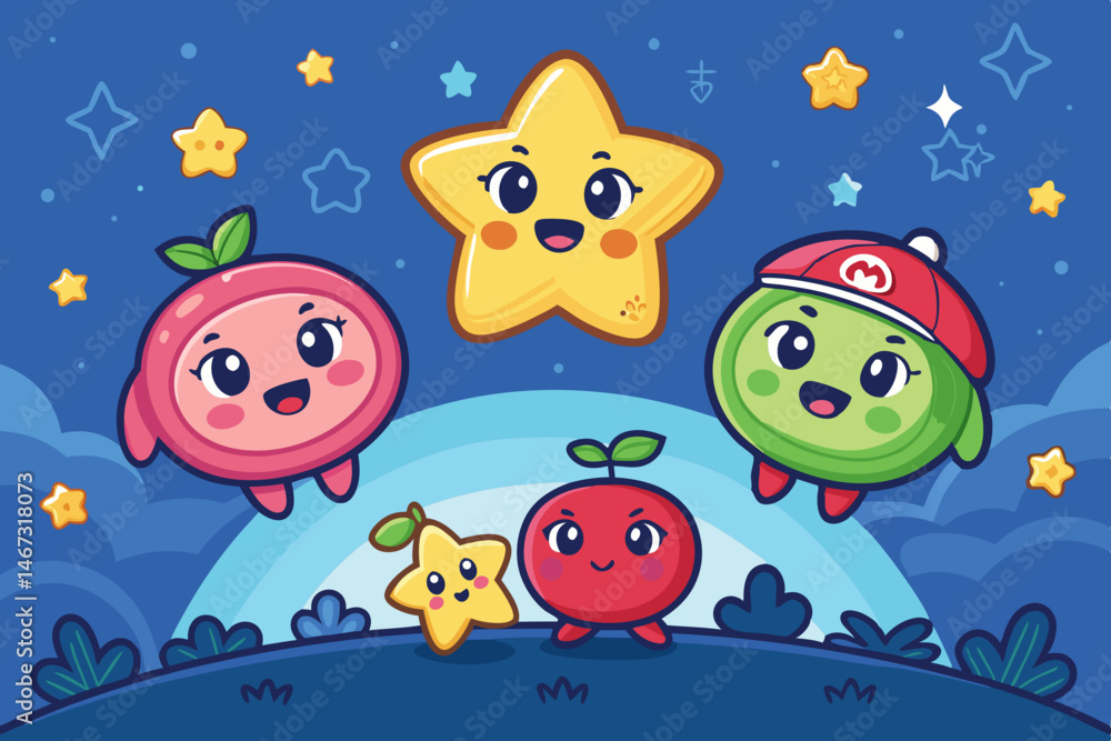 Create a vibrant vector illustration of a cute, cartoon game character promoting a new game. Design should be bold and eye-catching, suitable for game promotional material. Create a vibrant vector illustration of a cute, cartoon game character promoting a new game. Design should be bold and eye-catching, suitable for game promotional material.