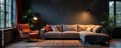 Low-key ambient lighting in a cozy room with a large sofa and chair against a dark wall , livingroom, evening
