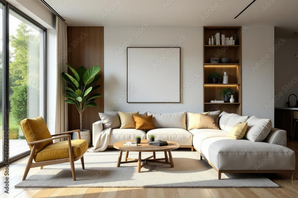 Fototapeta premium Stylish living room with modern furniture and decor, natural light , room, windows