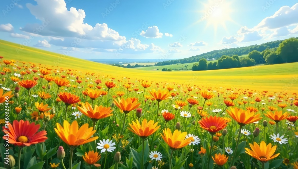 Wildflowers bloom across vast, sun-drenched field, delicate, plants Wildflowers bloom across vast, sun-drenched field, delicate, plants
