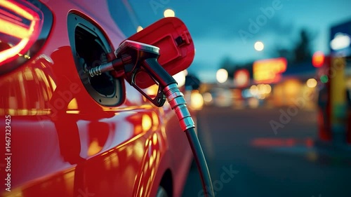 A red car is being filled with gas. The gas station is lit up at night