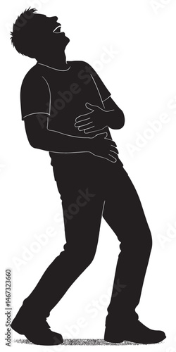 Silhouette of man laughing hysterically with hands on stomach expressing extreme joy and amusement