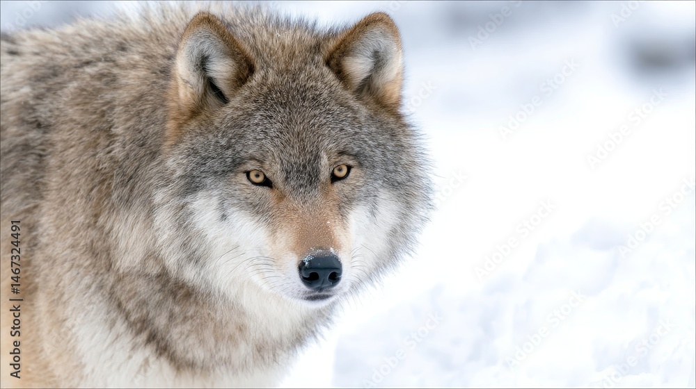 Fototapeta premium A vigilant wolf stands alert, its piercing eyes fixed on the observer amidst a minimalist white background